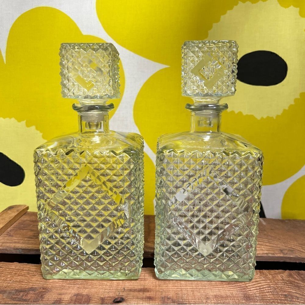 Pair of Two Vintage 1960s Diamond Accented Glass Decanters
